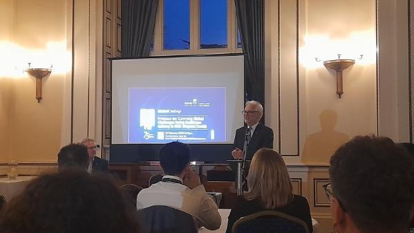 Trevor McMillan introducing Ian Cumming's lecture in the Salvin Room, Keele Hall